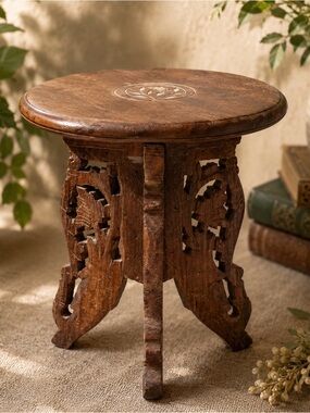 Vintage 1980s Indian Hand Carved Wood Folding Plant Stand Stool Bone Inlay 7.5”